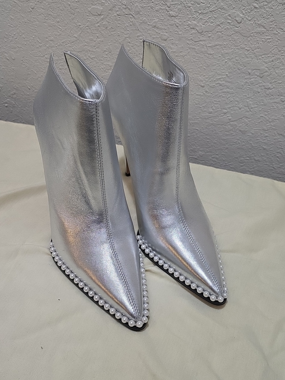 Karl Lagerfeld Metallic Silver Pointed Pearl-Trim Ankle Boots
